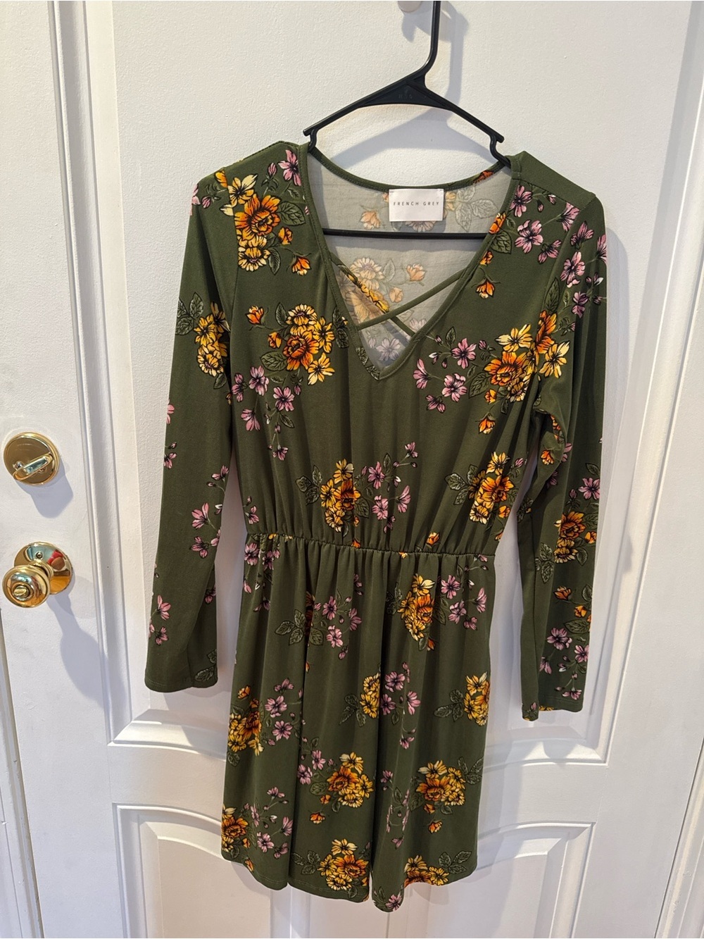 French Grey Floral Dress Women Olive Green Long Sleeve Boho Stretch Dress